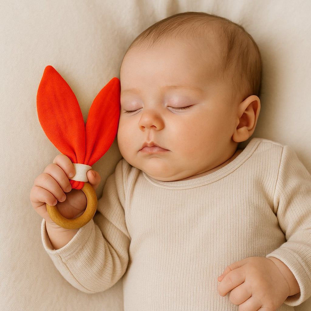 Beißring aus Bio-Baumwolle Erdbeerfarbe