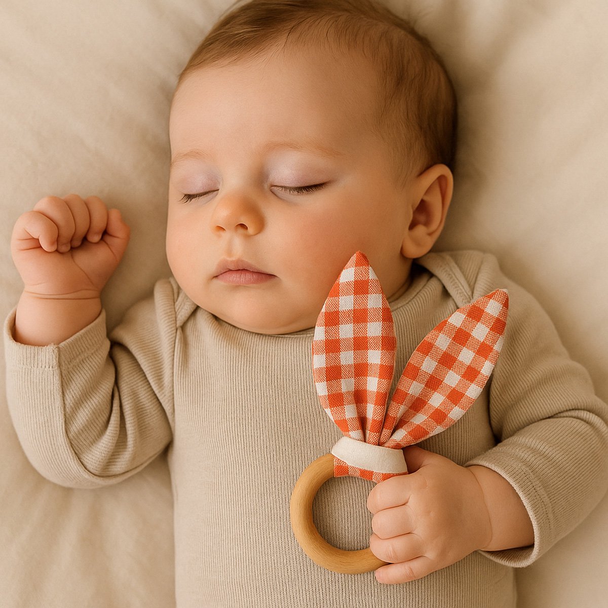 Beißring aus karierter Bio-Baumwolle