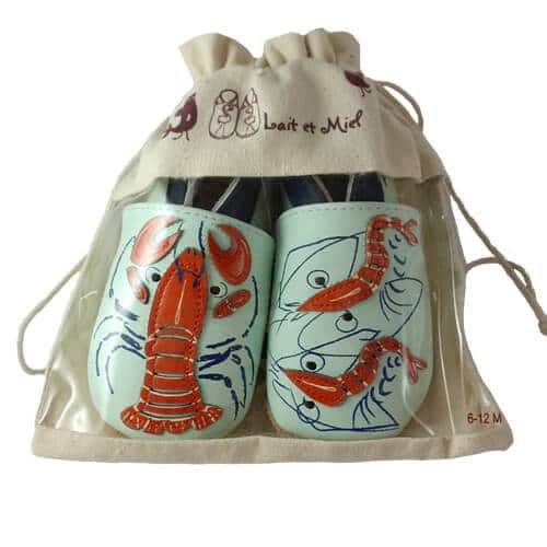 Babyhausschuhe aus weichem Leder mit Hummer und Garnelen